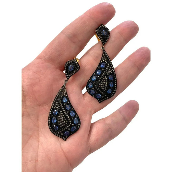 Genuine Sapphire & Diamond Paisley Dangling Drop Earrings NEW - Picture 2 of 5